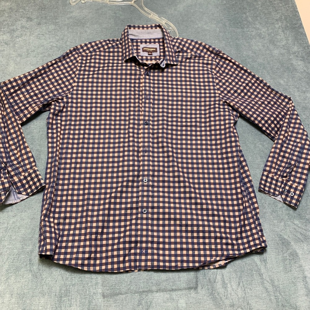 Vintage Johnston & Murphy Casual Shirt Men XL Navy Tan Gingham Check Button Down